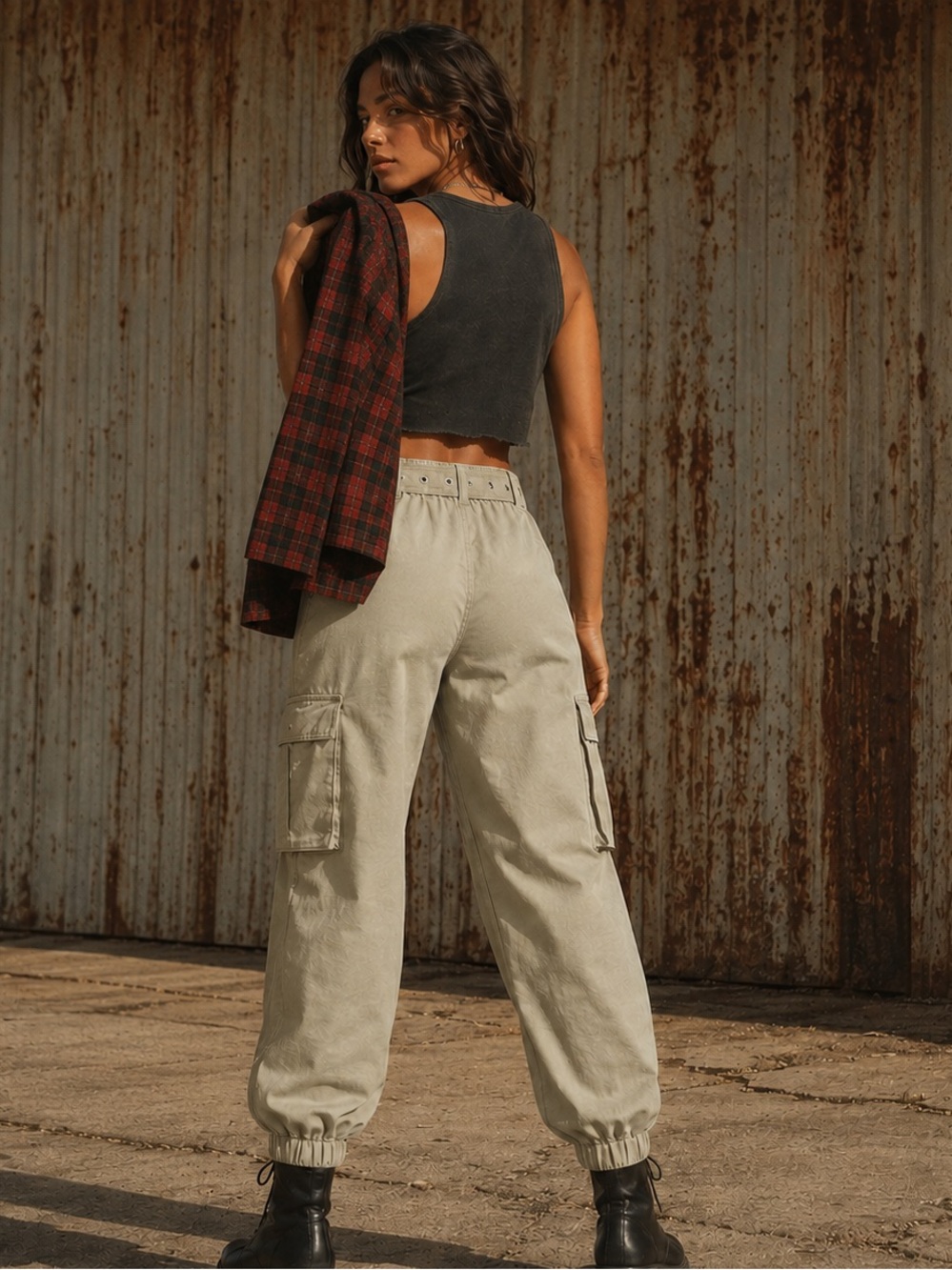Forever 21 Khaki High Rise Belted Cargo Jogger Pants Utility Y2K 100% Cotton XS - Picture 5 of 9
